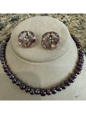 Amethyst Art Glass Necklace & AB/Purple Stone Earrings Vtg